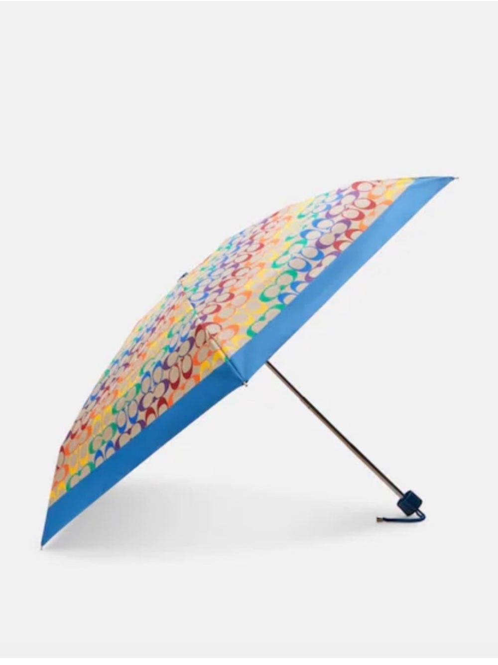 Coach Rainbow Signature Compact Umbrella with Blue Handle